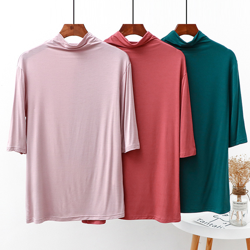 

women's t shirt modal thin half high collar with for slim and simple mid sleeve in spring summer, White