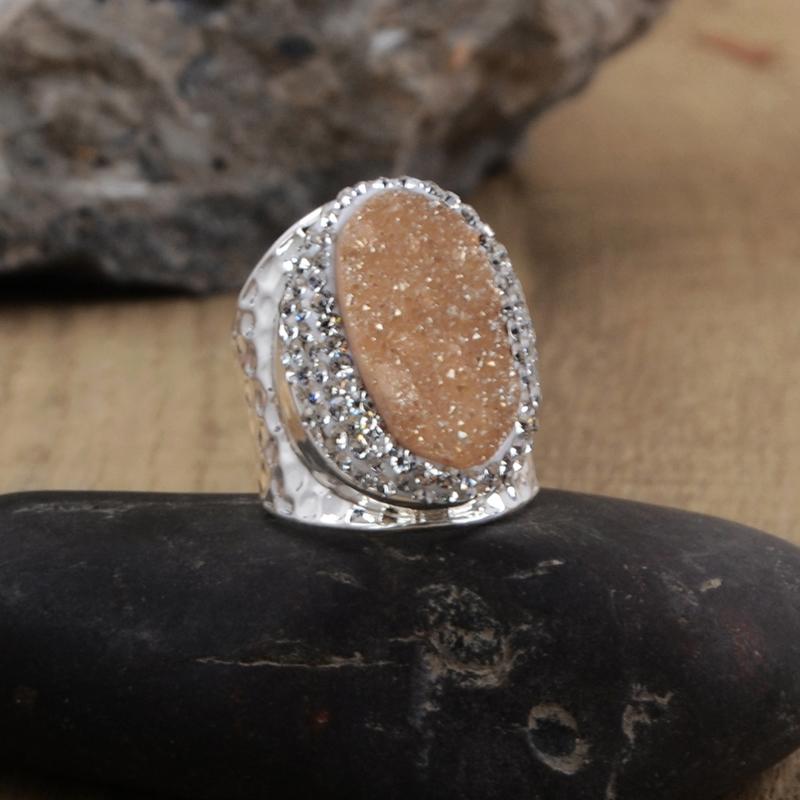 

Cluster Rings BOROSA Oval Titanium Rainbow Drusy Zircon Paved Agates Druzy Big Stone Ring Gold-color Band Adjustable Size