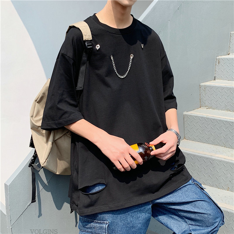 

Men's T-Shirts Hip Hop shirts Men Women 2021 Summer Japanese Style Hole -shirts Streetwear Couple ops ees Male Black O Neck Shirt, Light blue