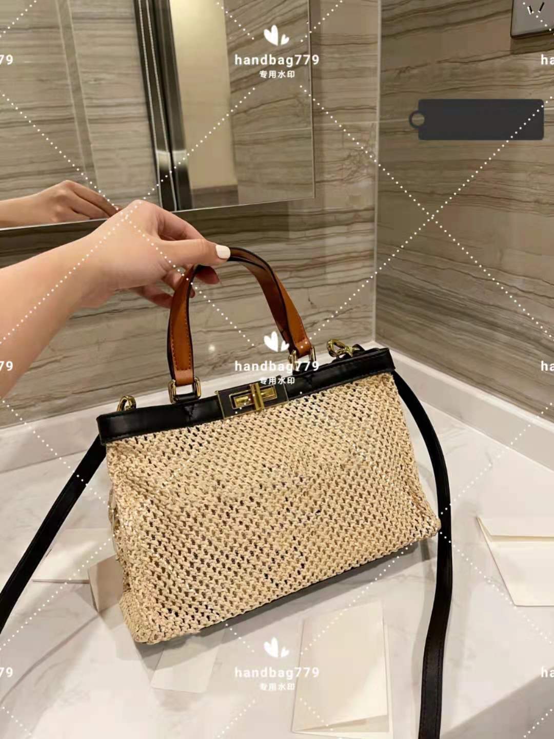

High luxury handbag woman small tote summer Vintage ethnic style beach holiday leisure design of pure color straw alphabet pattern shopping bag, Customize