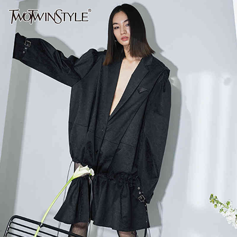 

Black Solid Color Office Ladies Style Coat For Women Notched Asymmetrical Drawstring Lace Up Coats Female 210524
