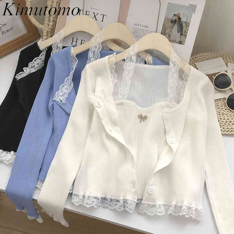 

Kimutomo Sweet Two Piece Set Women Spring Lace Patchwork Long Sleeve Knitted Cardigan + Solid Bow Chic Sling Lady Suit 210521, Blue