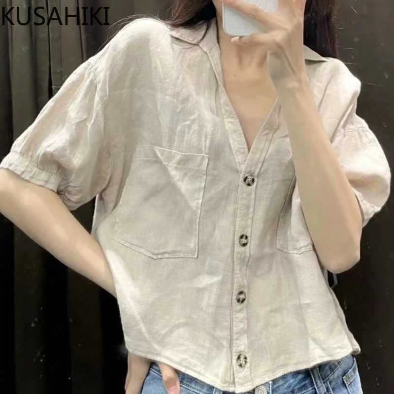 

KUSAHIKI Korean Causal Pockets Blouse Top Women Short Sleeve Turn-down Collar Shirt Summer Cotton Linen Blusas Mujer 6H897 210602, Khaki