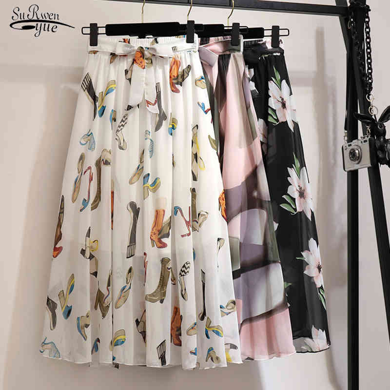 

Long Skirt Women Elastic High Waist Print Chiffon Maxi Skirt Spring Summer Ladies Korean White Black 8 Colors Skirts 9830 210518, Color 1