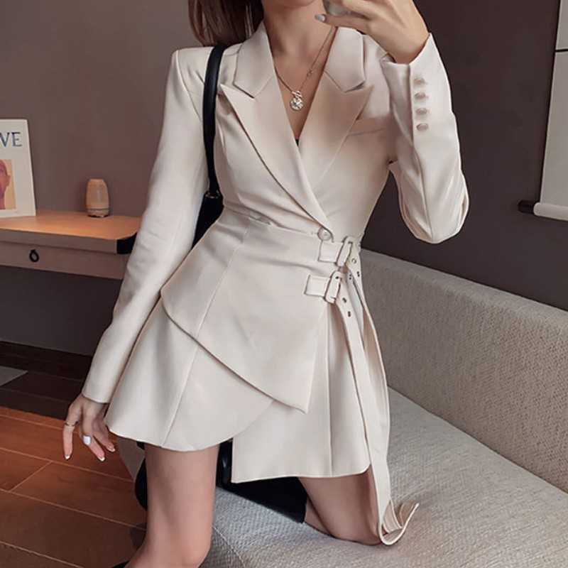 

Spring Blazer Women Mini Party Dress Office Lady Elegant Female Korean Sashes Long Sleeve Slim Vestidos 210526, White