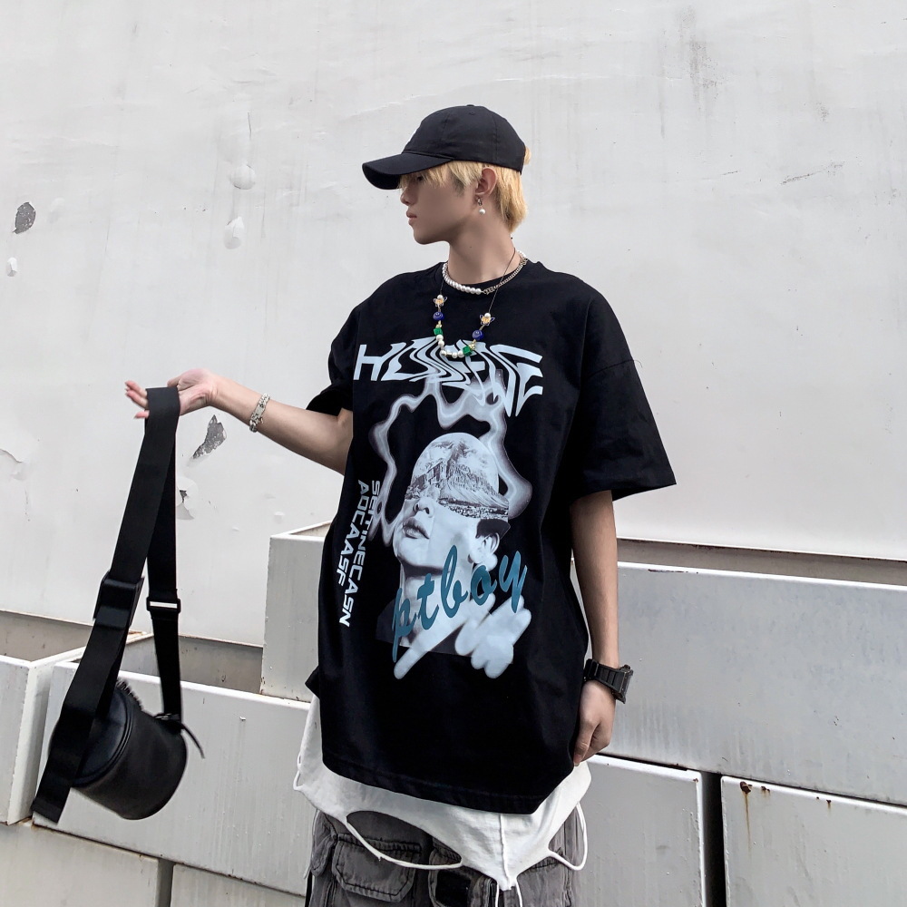 

t shirt spring and summer short sleeve men's large fashion clothing white bottom with student's, White;black