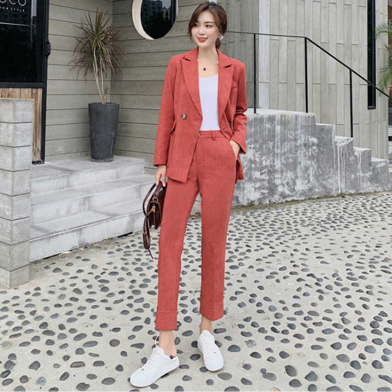 

Fashion Slim Women' Suits Office Pants Set autumn retro full sleeve jacket suit female Casual trousers Two-piece 210527