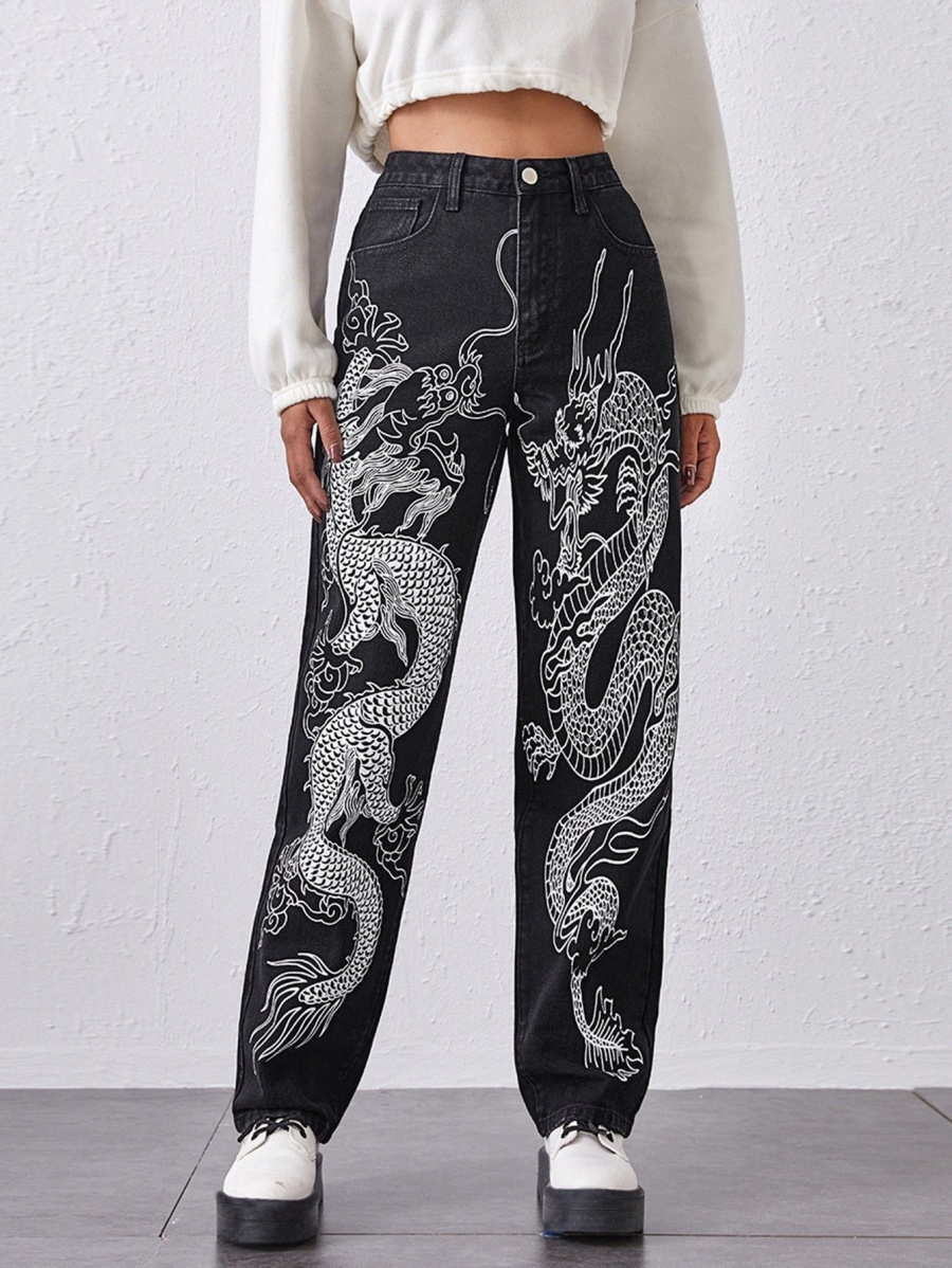 

Chinese Dragon Straight Jeans B9u1#, Black and white