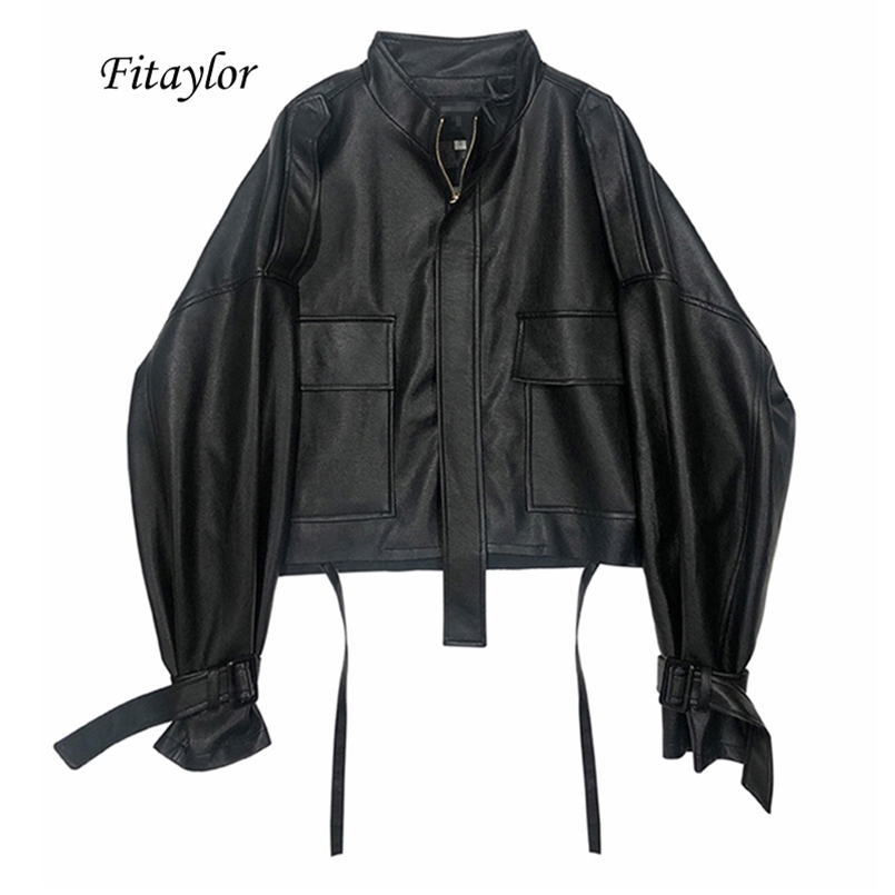 Fitaylor Autumn Women Faux Soft Pu Motorcycle Leather Jacket Casual Loose Black Faux Leather Punk Zipper Overcoat 210909