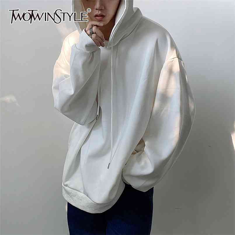 

Loose White Casual Sweatshirt For Women Hooded Collar Long Sleeve Basic Solid Sweatshirts Female Fashion Style 210524