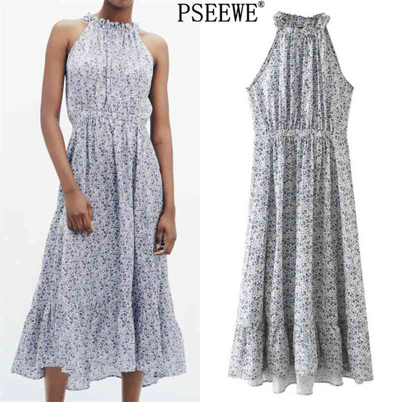 

Floral Woman Long Summer Dress Halter Neck Sleeveless Elegant Women's es Ruffle Asymmetric Hem Beach 210519, Print