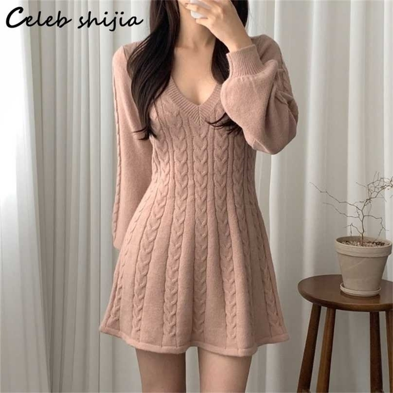 

Pink Woman Knit Dress V-neck Lantern Sleeve Sweet Clothing Autumn Winter Sweater Vestido Fall Sexy Woman' es 211109, Clear