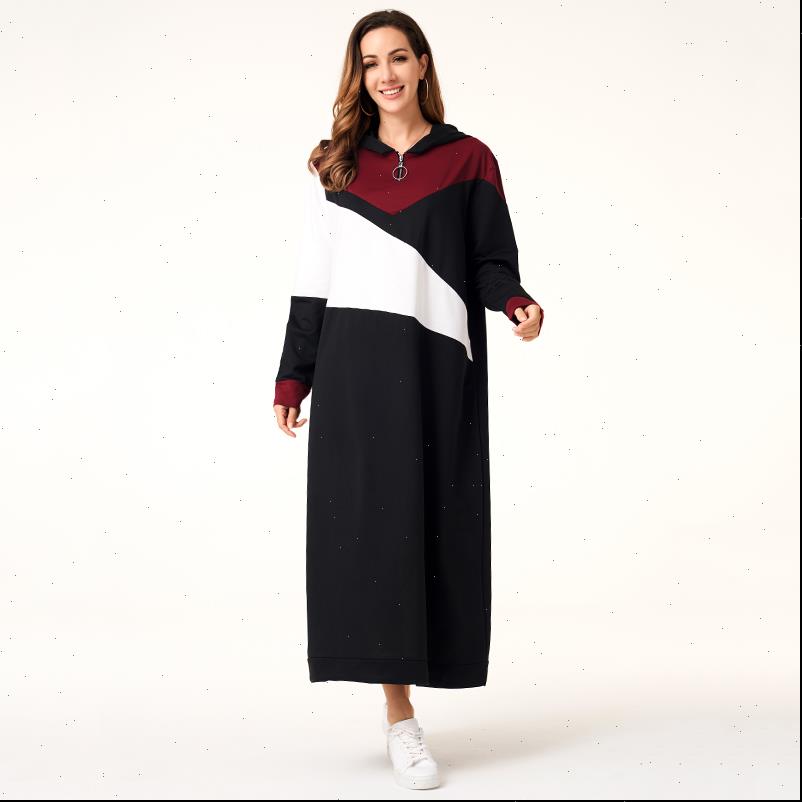 

hoodie patchwork zipper long sleeve womens dresses hooded maxi casual autumn good quality, Black;gray