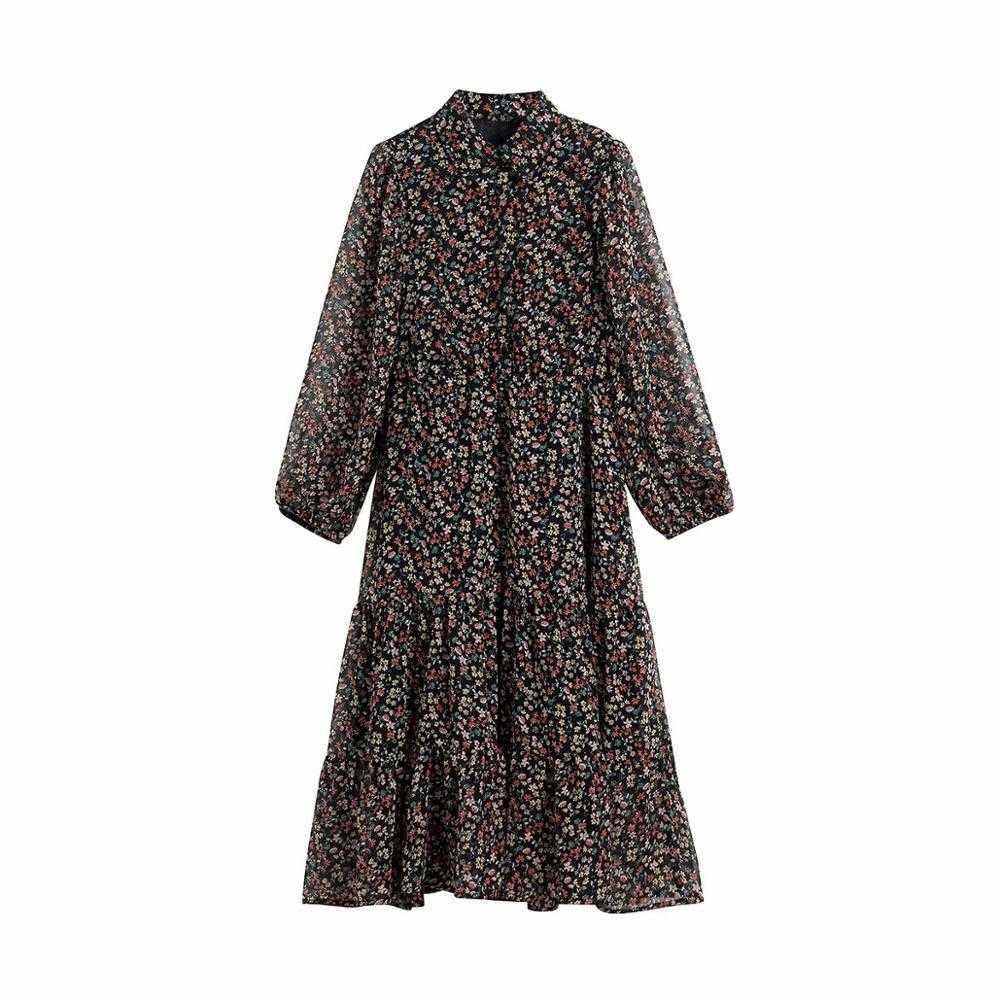 

Women elegant turn down collar floral print casual ruffles midi dress female chiffon Vestidos Chic party Dresses DS3362 210603, As pic ds3362gl