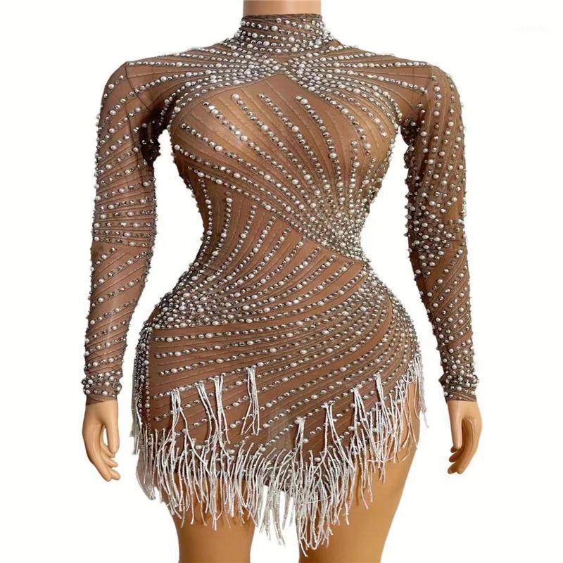 

Party Decoration H170 Modern Fashion Performance Bodysuit Tight Model Singer Diamond Pears Tassels Nightclub Costume Wear Women Pole-Dancer