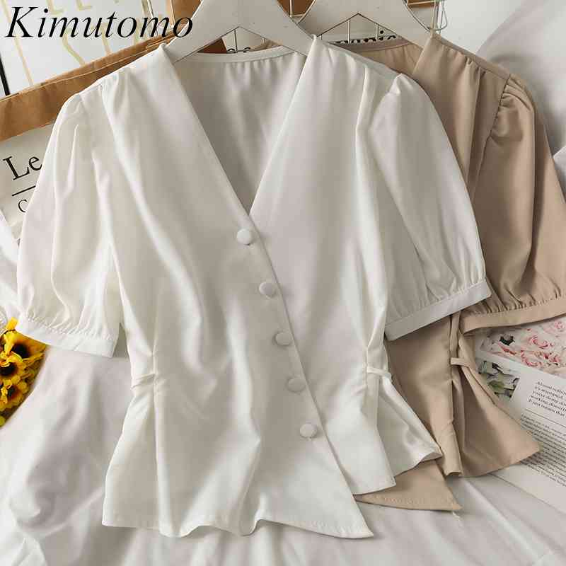 

Kimutomo Irregular V-neck Buttons Blouse Women Elegant French Style Slim High Waist Puff Sleeve Solid Color Shirt Female Chic 210521, Dark gray