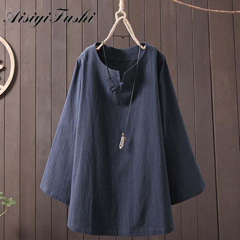 

Women's Blouses & Shirts Cotton Linen Long Sleeve V-Neck Shirt For Women Tops And Blouse Female Plus Size 5XL Elegant Vintage Spring Loose C, Sky blue
