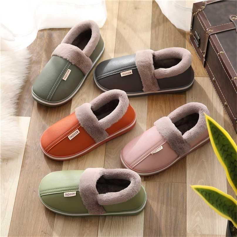 

Leather slippers for women Winter warm waterproof Slippers ladies Home soft Fluffy plush rubber Slipper Kitchen office shoes 211110, Grey