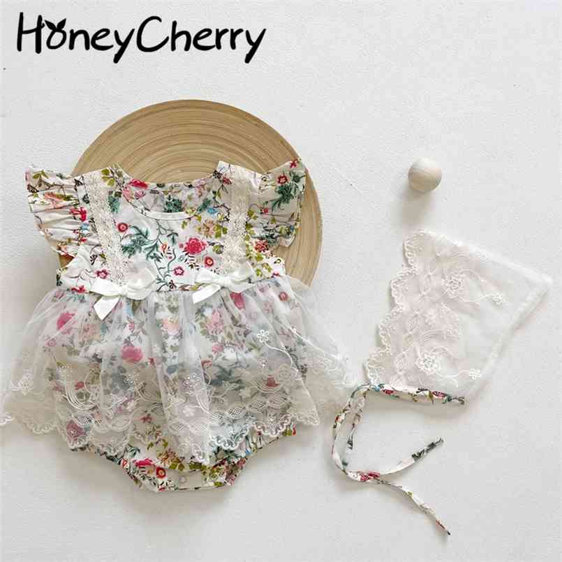 

Summer baby girl flying sleeve clothes climbing onesie floral net Bodysuits 210702, Multi
