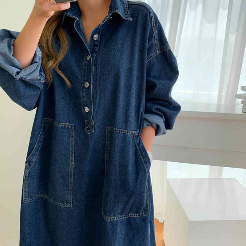 

Denim Dress Women's Spring Clothing Full Sleeve Turn-Down Collar Jeans Dresses Casual Loose Female Street Wear Denim Robe Dress X0521, Blue