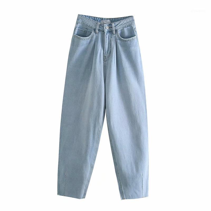 

Women 2021 Summer Loose Cow Middle Pleated Straight Jeans Casual Zip Cropped Pants Femal Trousers Mujer Women's, As picture