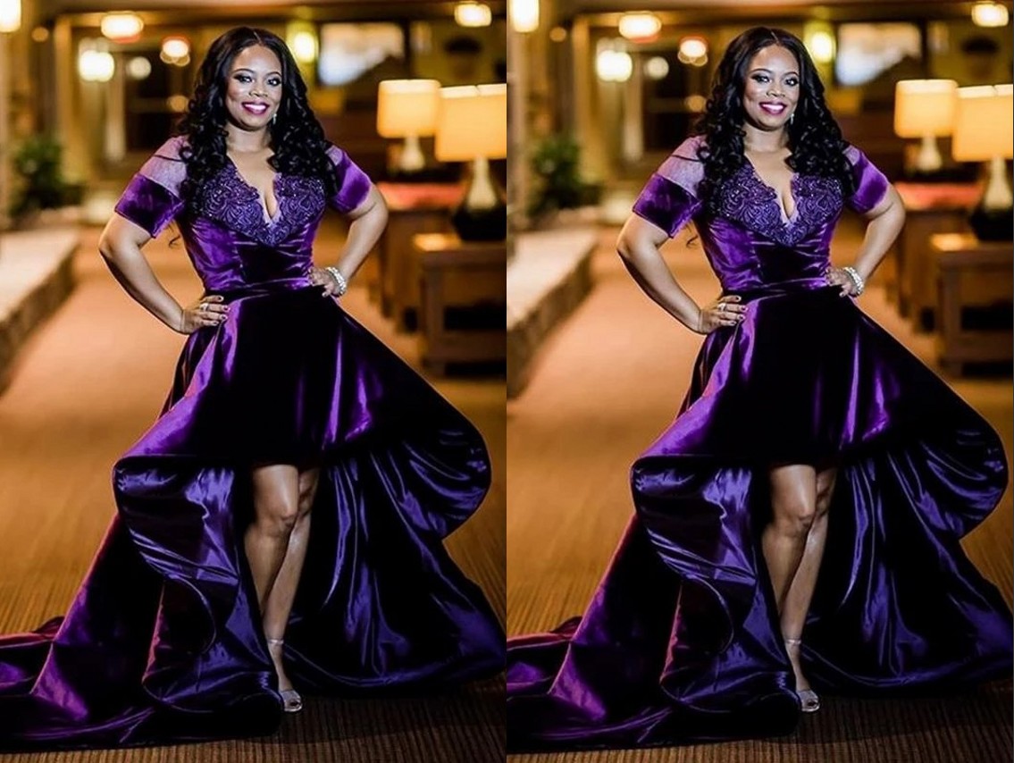 

Fashion Purple Hi Low Velvet Prom Evening Dresses Formal Gowns South African V neck with Sleeves Beaded Sequined Short Front Long Back Bridesmaid Pageant Dresess, Same as image