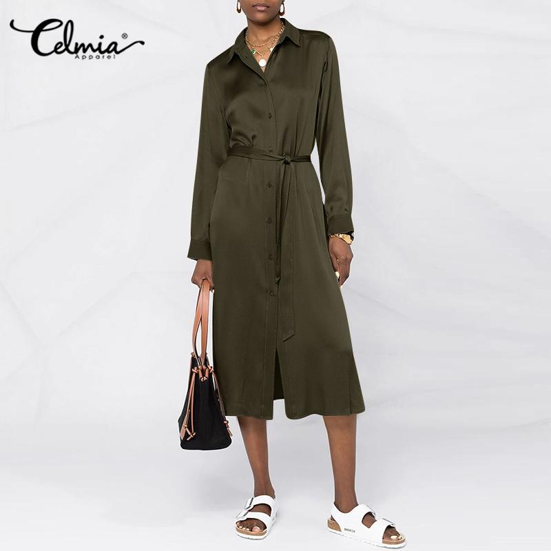 

Casual Dresses Satin Silk Midi Dress 2021 Celmia OL Turn-down Collar Shirt Women Elegant Long Sleeve Belted Split Hem Vestido Robe, Beige