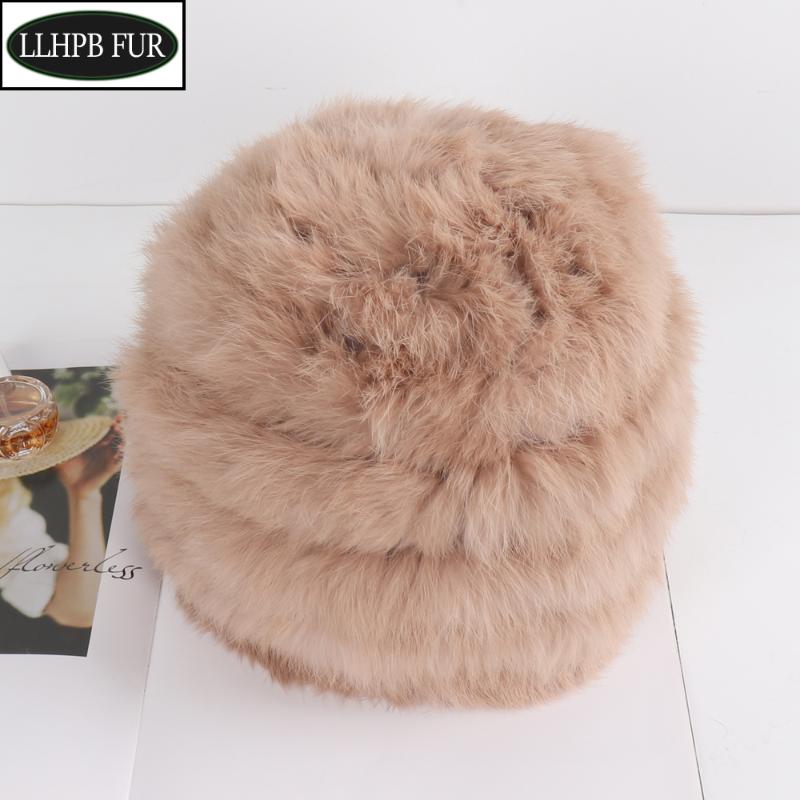 

Berets 2021 Russian Women Knitted Elasticit Real Fur Hats Natural Warm Cap Lady Winter Outdoor Bomber, Blue;gray