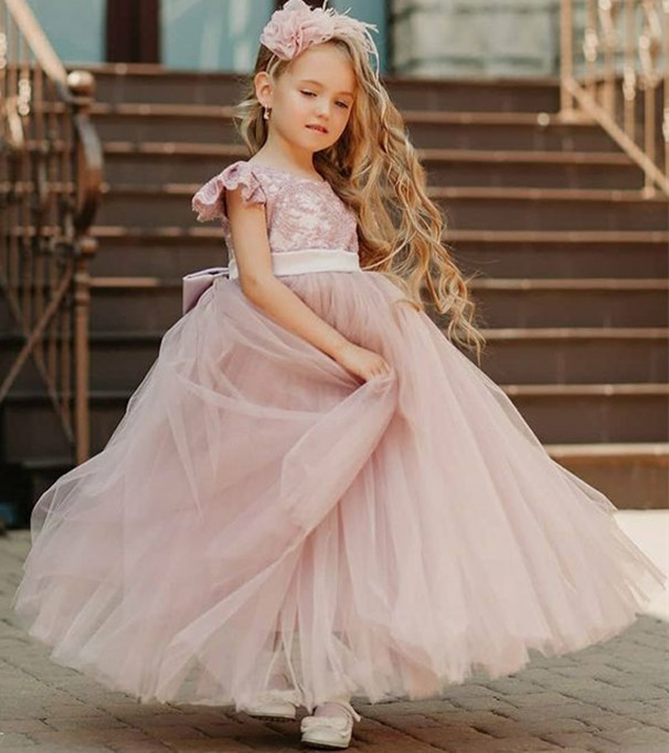 

2021 Blush Pink A-line Flower Girl Dresses Tulle Lace Bow Lilttle Kids Birthday Pageant Weddding Gowns ZJ674, Yellow