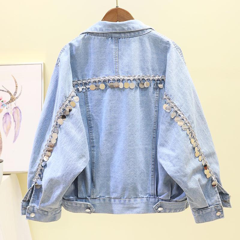 

Women's Jackets Harajuku Blue Bomber Jacket Women Back Autumn Chic Tassel Sequin Holes Denim Street Wear Long-sleeve Casual Jean Coat