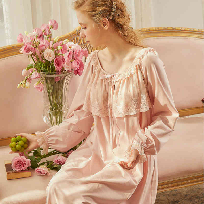 Women&#039;s Sleepwear Nightgown Cotton Long Sleeve Vintage European Medieval Style Night Pink White 0P9V-image-695527405
