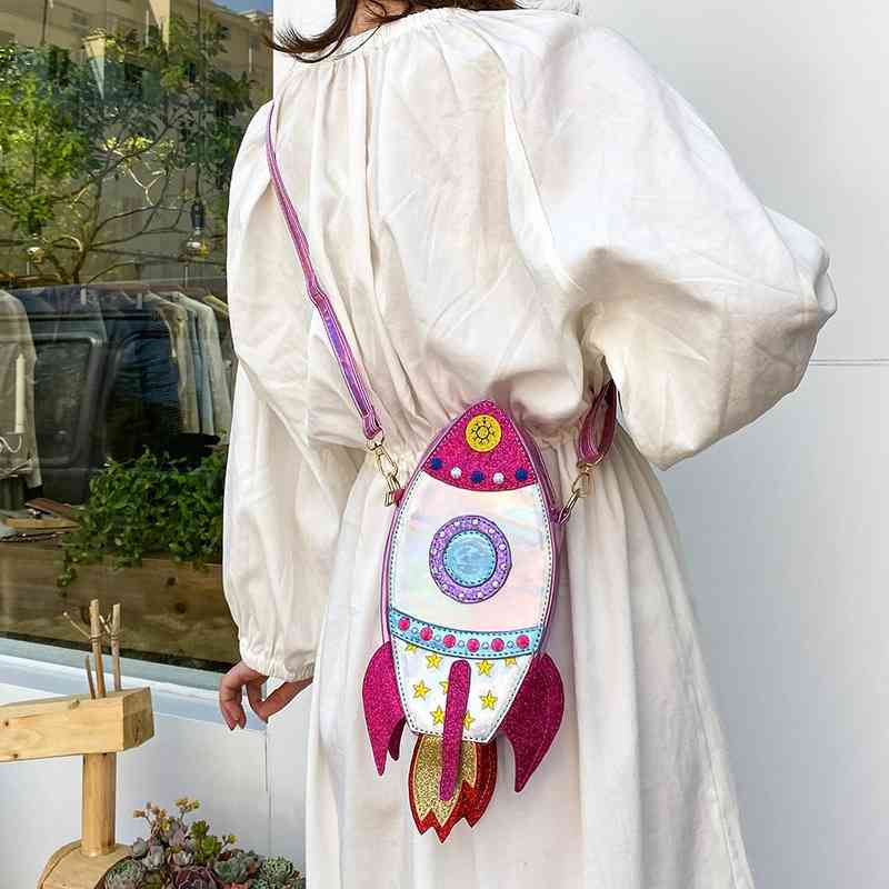 

New fashion creative funny personality laser Sequin spaceship rocket modeling messenger bag, Pink