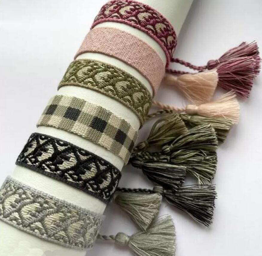 

20colors Brand Designer Letter Printing Bracelets Cloth Fabric Knitting Bangles Fashion Men Women Bohemia Weaving Wrist Strap Charm Tassels, Golden;silver