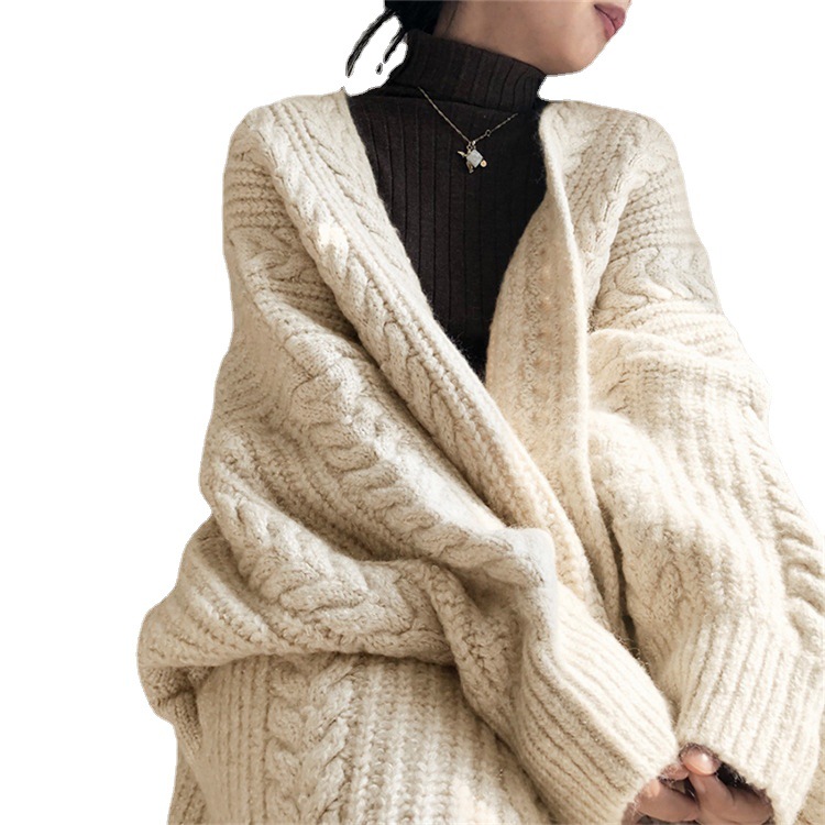 

Long Thick Knit Sweater Women Autumn Winter Cardigans Loose Pockets Coat Knitted Jacket Cardigan Elegant Maxi Tops Streetwear, Beige