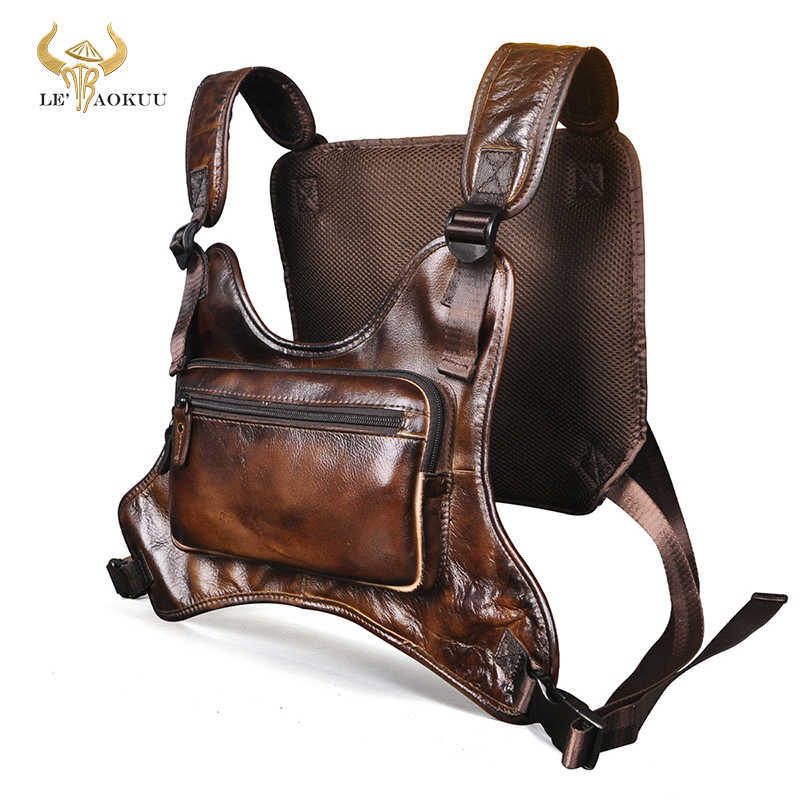 

Evening Bags Genuine Leather Retro Coffee Streetwear Men's Designer Hip-Hop Two Straps Chest Rig Bag Fashion Rectangle Chest Utility Pack 291 Q0604, Chocolate