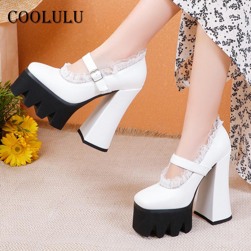 

Dress Shoes COOLULU Square Toe Super High Heels Mary Janes Woman Platform Chunky Heel Pumps Buckle Ladies Footwear White Size 43, Black