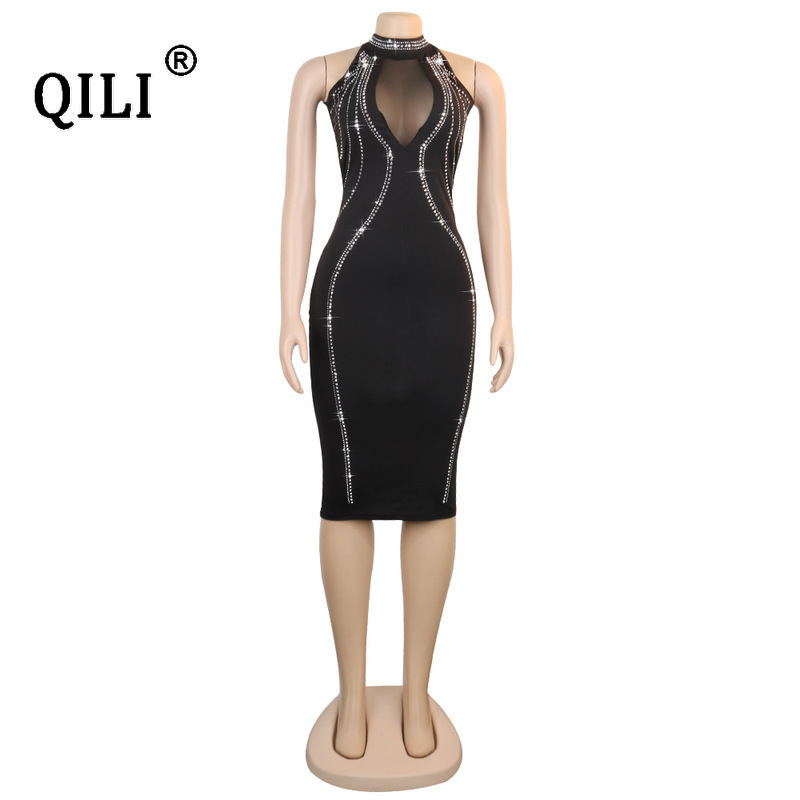 

2021qili women party dress sleeveless backless diamonds rhinestone dresses black see through mesh bodycon dress femme, Black;gray