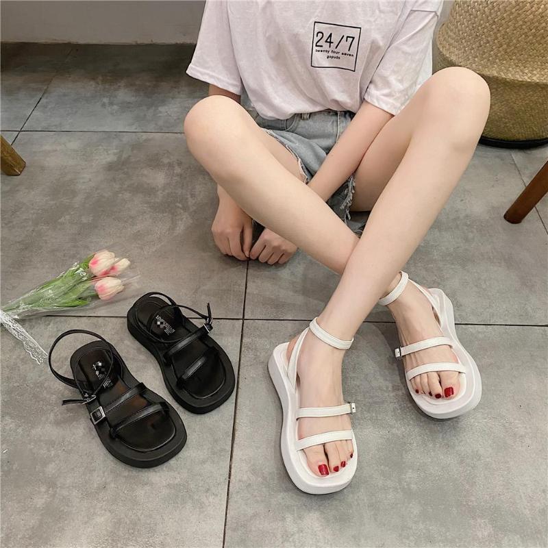 

Women's Sandals Thick Bottom 2021 Summer Open Toe Buckle Strap Roman Lady Shoes Flat Platform Leisure Sandalias Mujer, Black