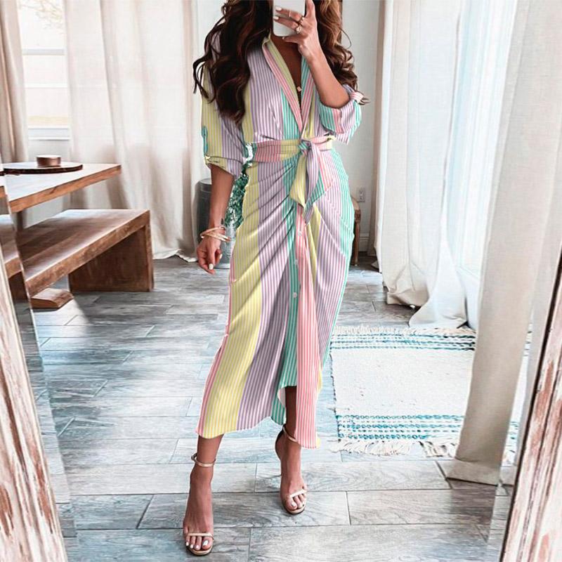 

Casual Dresses Hirigin Summer Beach V-Neck Print Boho Dress Women Fashion Sexy Pleated Split Party Ladies Long Sleeve Tie-Up Belt