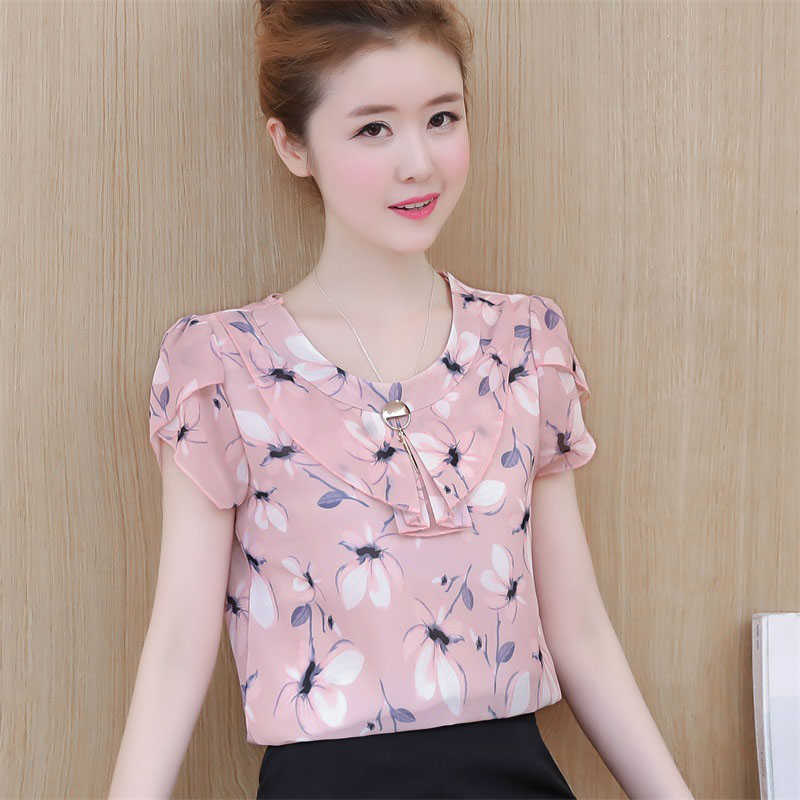 

Women Spring Summer Style Chiffon Blouses Shirts Lady Brand Casual Short Puff Sleeve Peter Pan Collar Blusas Top Feminina DF1634 210609, Pink