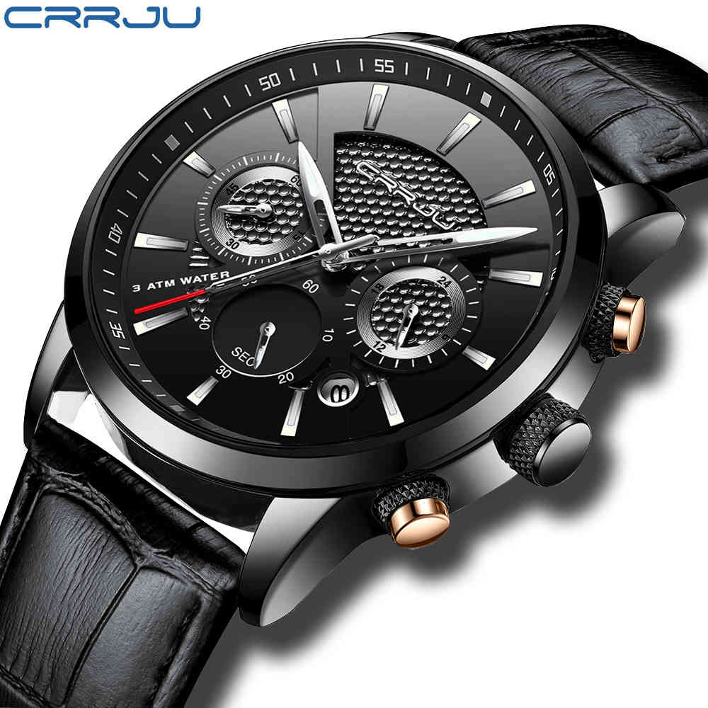 

Men Watches Luxury CRRJU Brand Chronograph Men Sport Watches High Quality Leather Strap Quartz Wristwatch Relogio Masculino 210517, Black silver