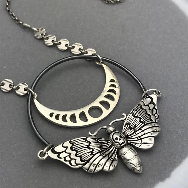 

Chains Moon Phase Necklace With Skull Moth Occult Witch Jewelry Deaths Head Crescent Gothic Goth IK38FH-38F, Silver