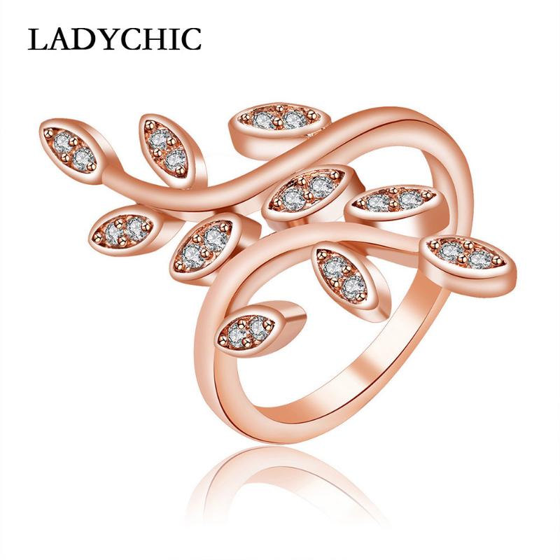 

Wedding Rings LADYCHIC High Quality Rose & White Gold Color Crystal Trendy Elegant Leaf Flower Design Women Jewelry Gifts LR1081