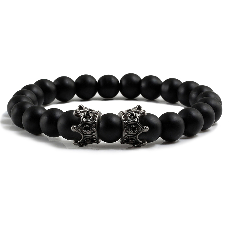 

Men Black Bracelet Natural Stone Beads Handmade Bracelets Bangles Women Golden Black Double Crown Bracelet Couple Jewelry