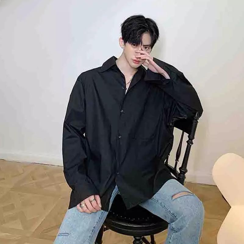 

Watch Out For The Machine Open Back Bandage Long Sleeve Shirt Men' Front Short Design Feeling Dark Personality Casual Shirts, Black