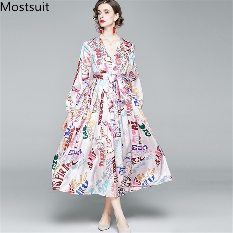 

Pink Runway Printed Long Maxi Dress With Belt Women Sleeve V-neck Pleated Dresses Elegant Fashion Ladies Vestido Femme 210518