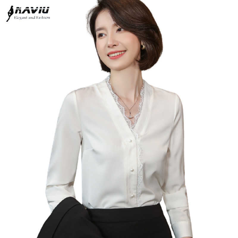 

Professional Black White V Neck Long Sleeve Shirt Women Spring Lace Edge Casual Blouses Office Ladies Bottomig Work Tops 210604