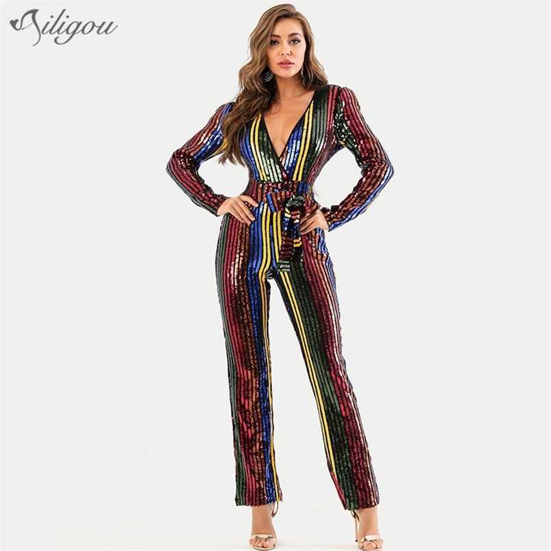 

Fashion Multicolor Striped Sequins Sexy V-neck Long Sleeve Belt Design Celebrity Party Jumpsuit 210525, Beige