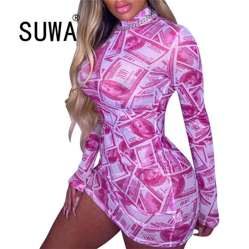 

Spring Autumn Sexy Contrast Color Turtleneck Skinny Mini Dress Women Fall Keep Warm Long Sleeve Slim Evening Party 210525, Fuchsia