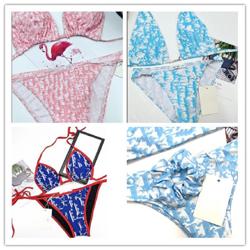 

1set Home Textile Sexy Embroidery Bikini Set Brand Letters Swimwears Designer Metal Chain High Quality Ladies Backless Split Swimsuit, As pic